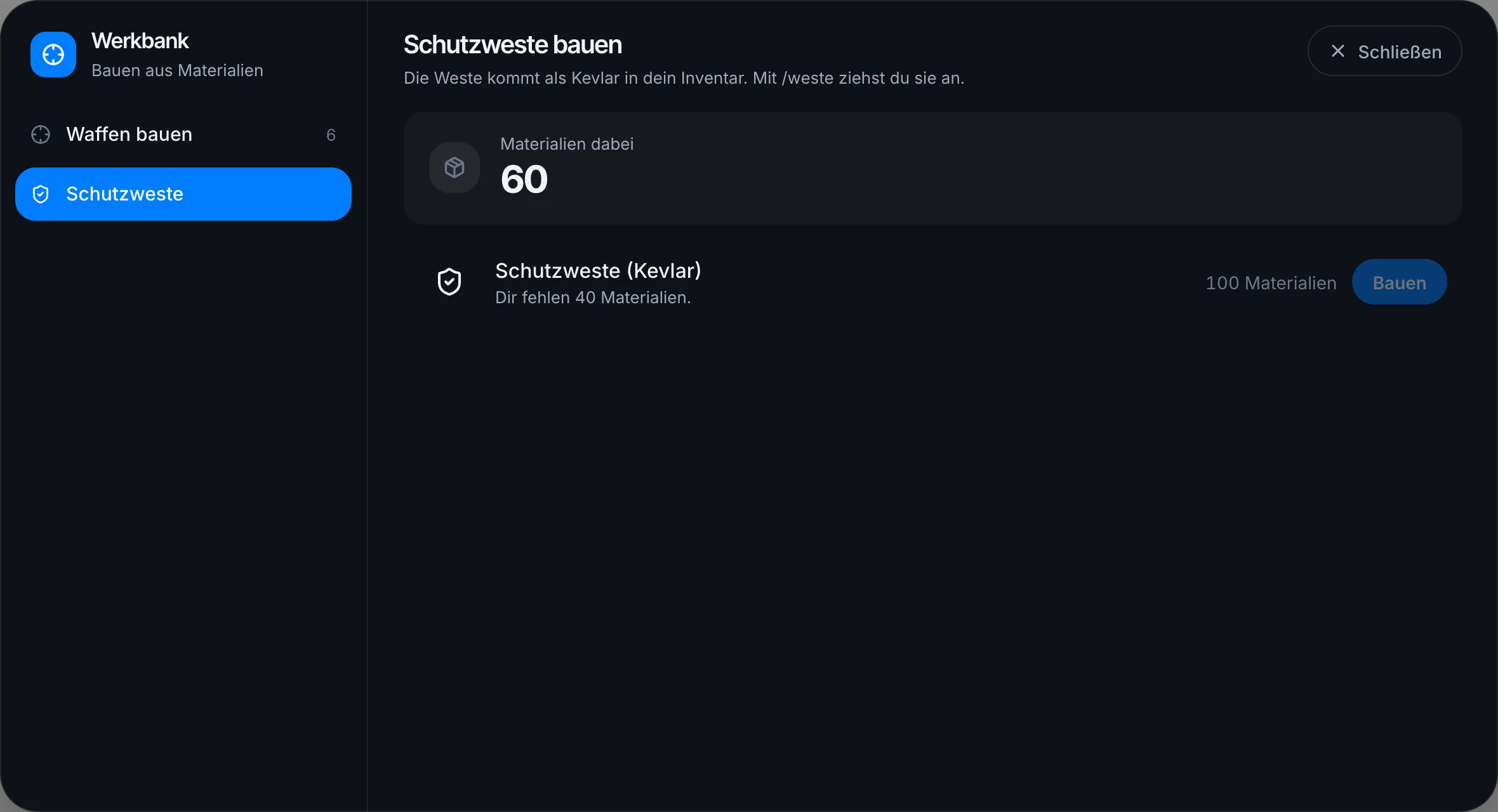 Mit zu wenig Materialien ist die Weste gesperrt
