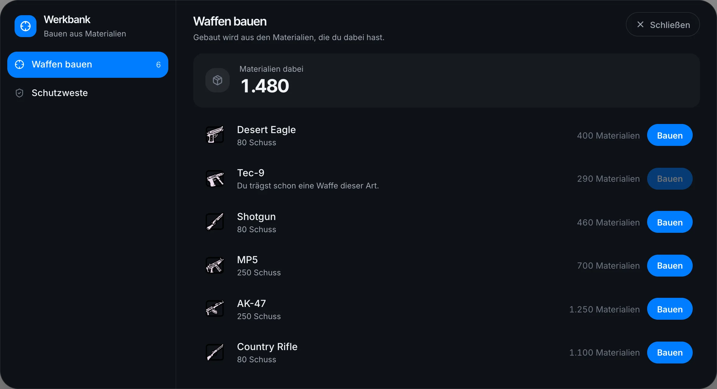 Die Waffen haben jetzt einen eigenen Bereich