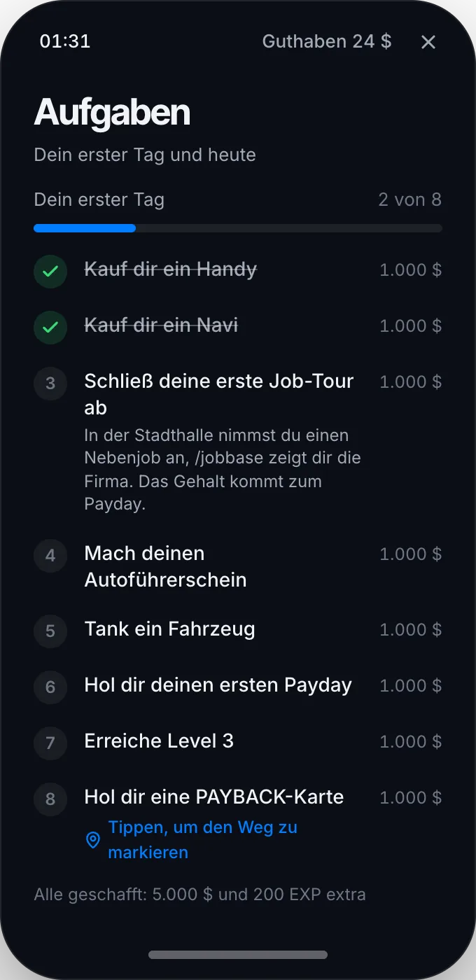 Die neue Startaufgabe, ein Tipp markiert den Weg