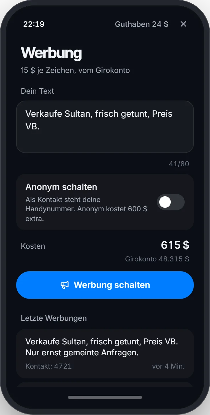 Werbung schreiben, Anonym-Schalter und die letzten Werbungen
