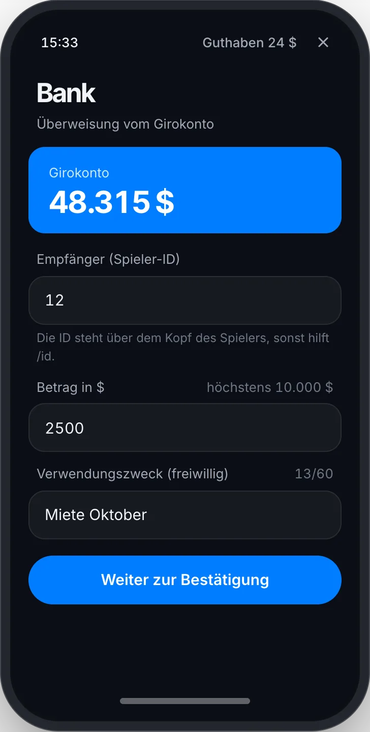 Empfänger als Spieler-ID, Betrag und Verwendungszweck