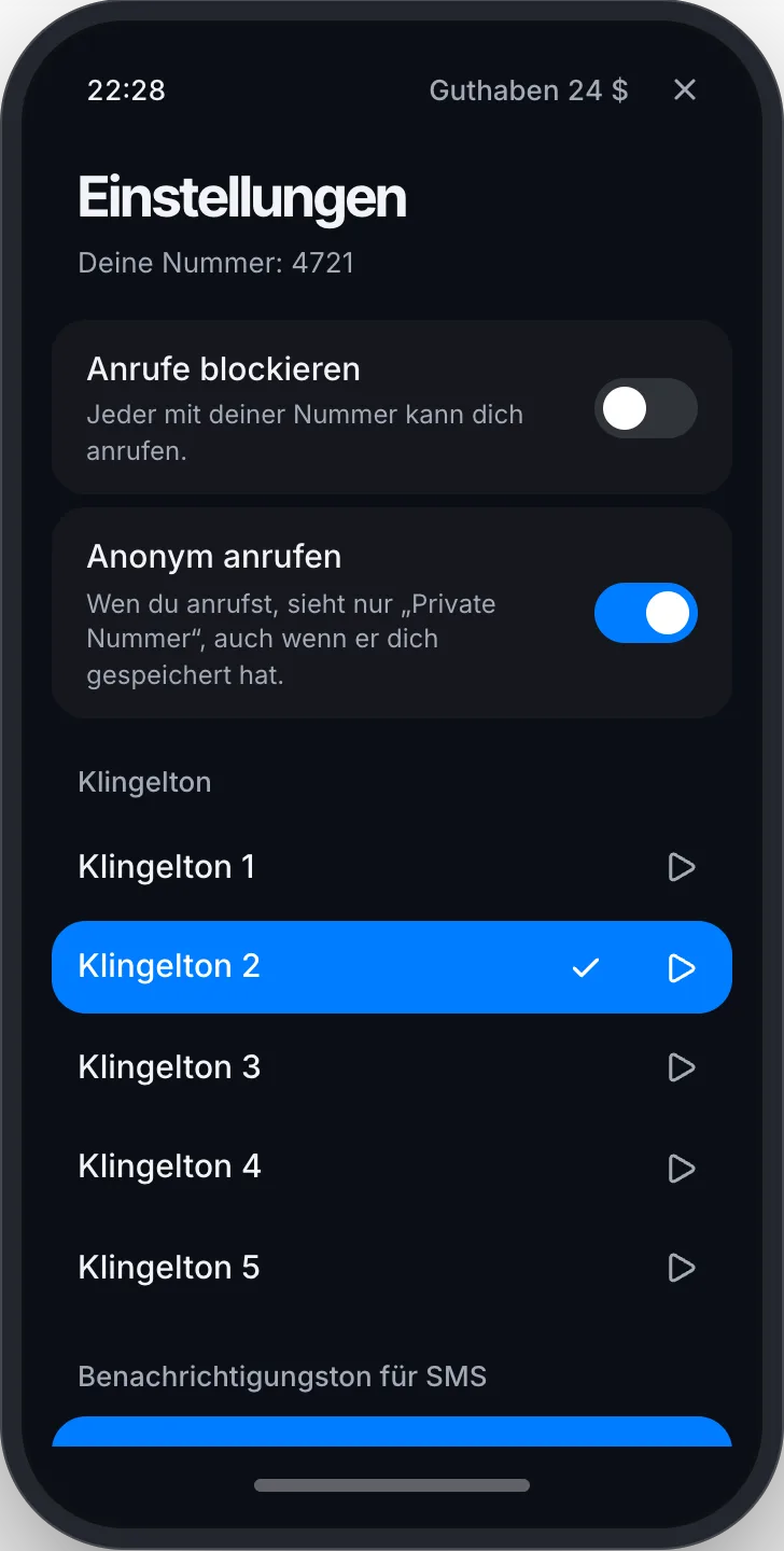 Einstellungen mit Anonym anrufen