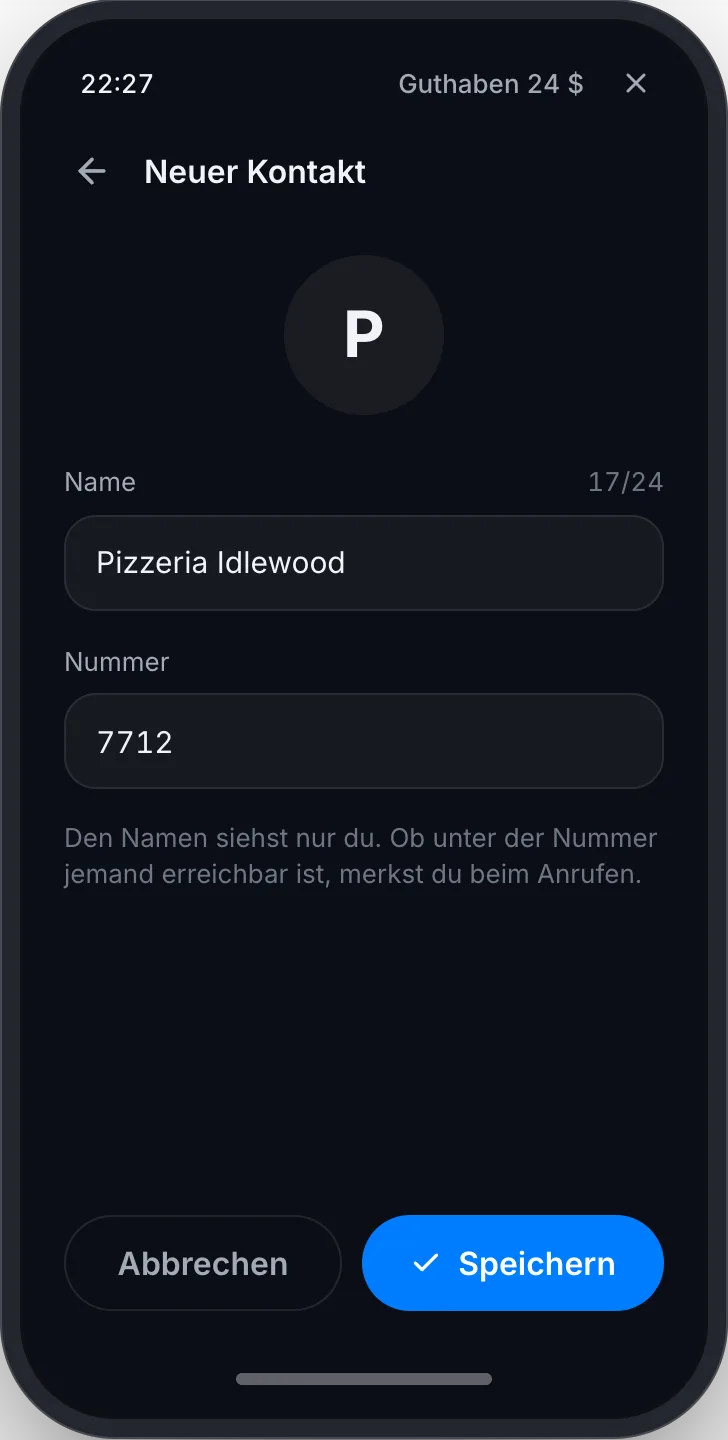 Neuen Kontakt anlegen: Name und Nummer