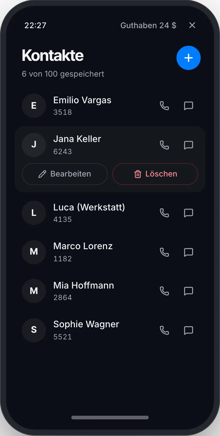 Ein Kontakt mit Bearbeiten und Löschen