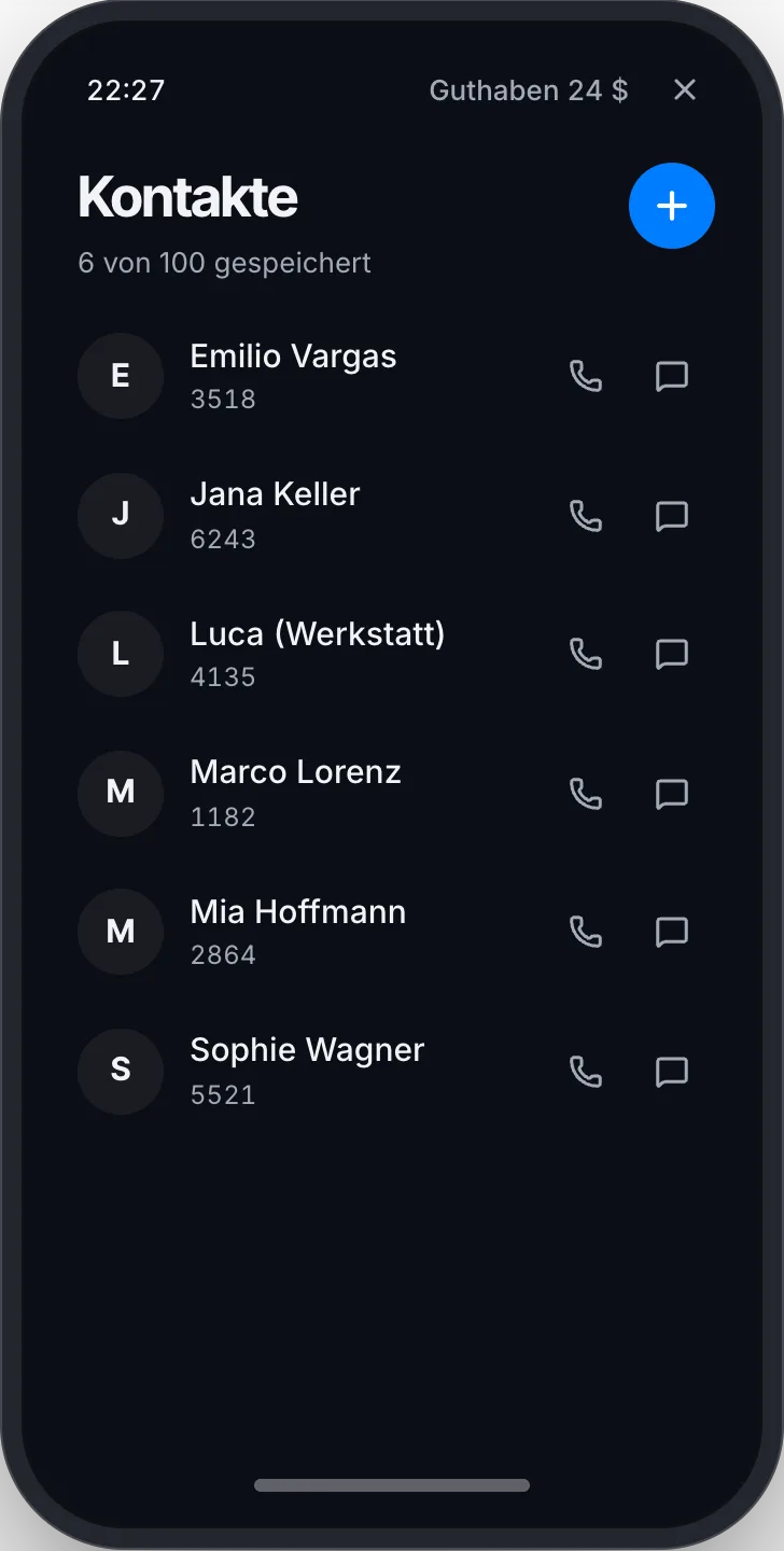 Kontakte mit eigenem Namen, oben das Plus für einen neuen