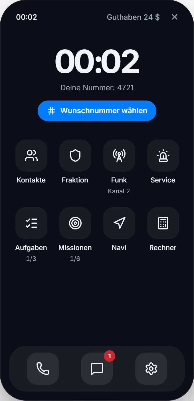 Telefon, Nachrichten und Einstellungen in der Leiste unten