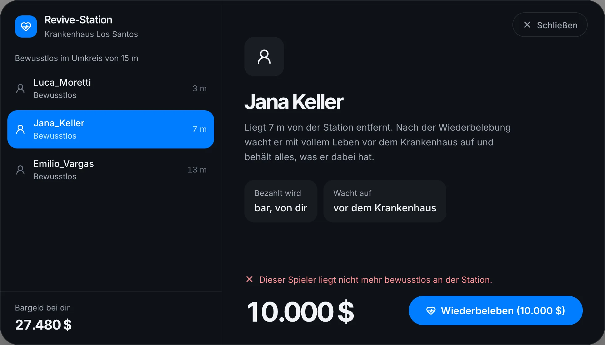 Der Gewählte liegt nicht mehr an der Station