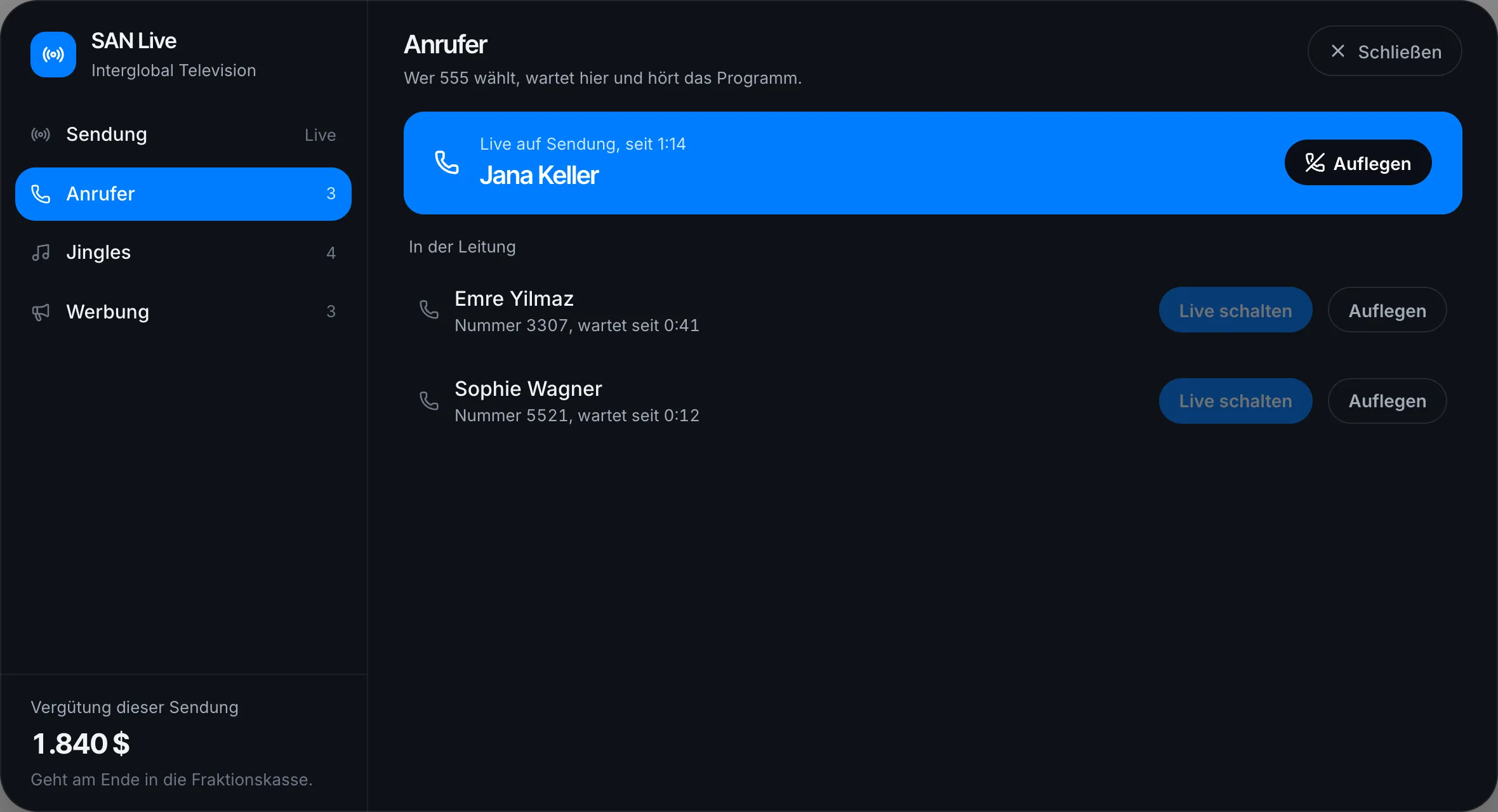 Anrufer live schalten und auflegen
