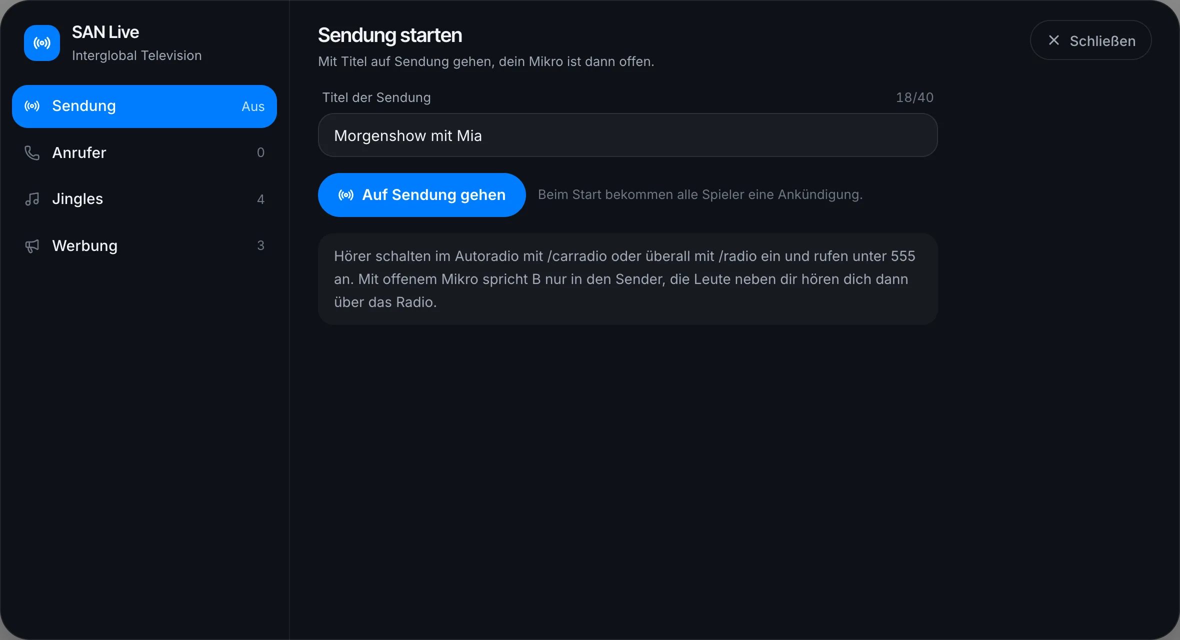 Im Studio: mit Titel auf Sendung gehen