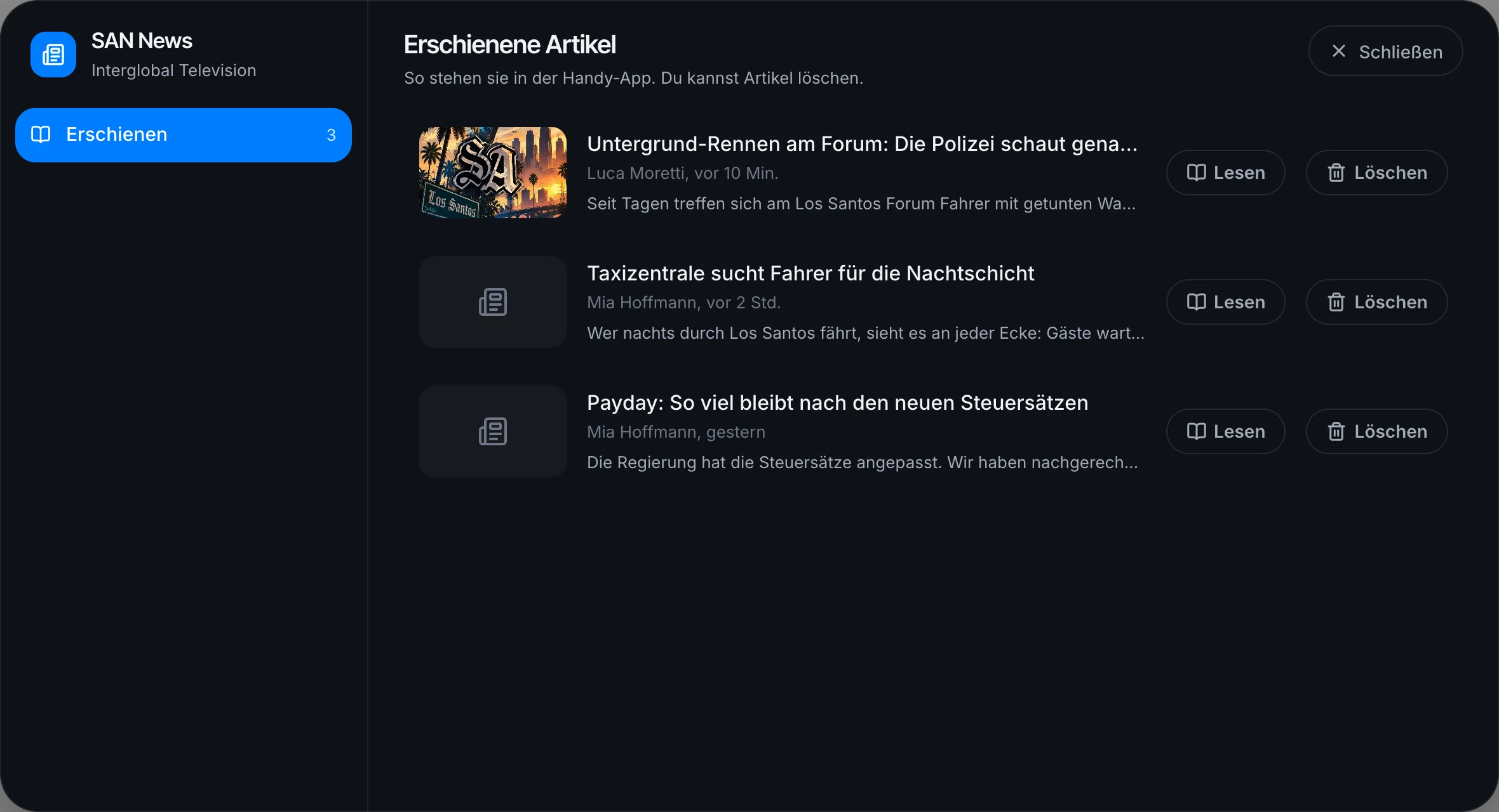 Admins ab Stufe 2 sehen nur die erschienenen Artikel und können sie löschen