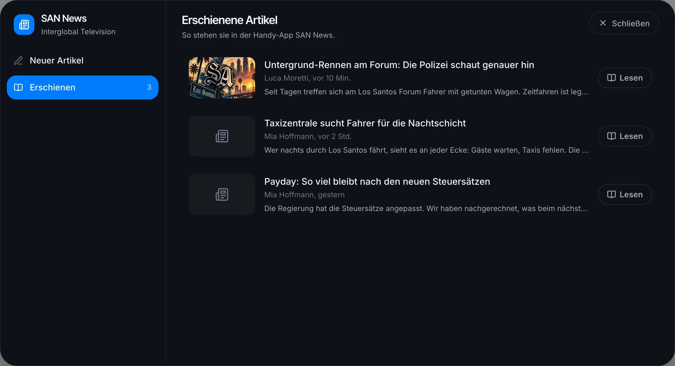 Die erschienenen Artikel, so wie sie in der App stehen