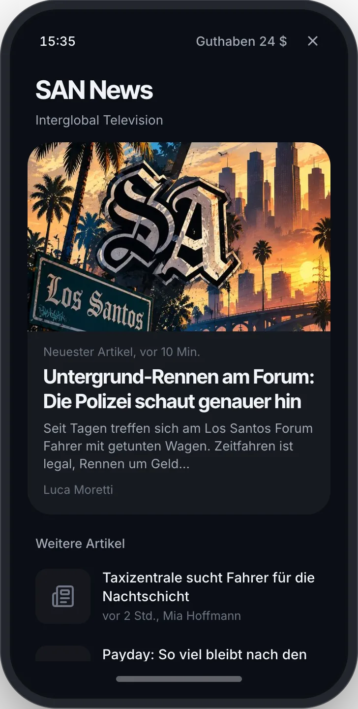 Handy-App SAN News: der neueste Artikel groß, darunter die übrigen