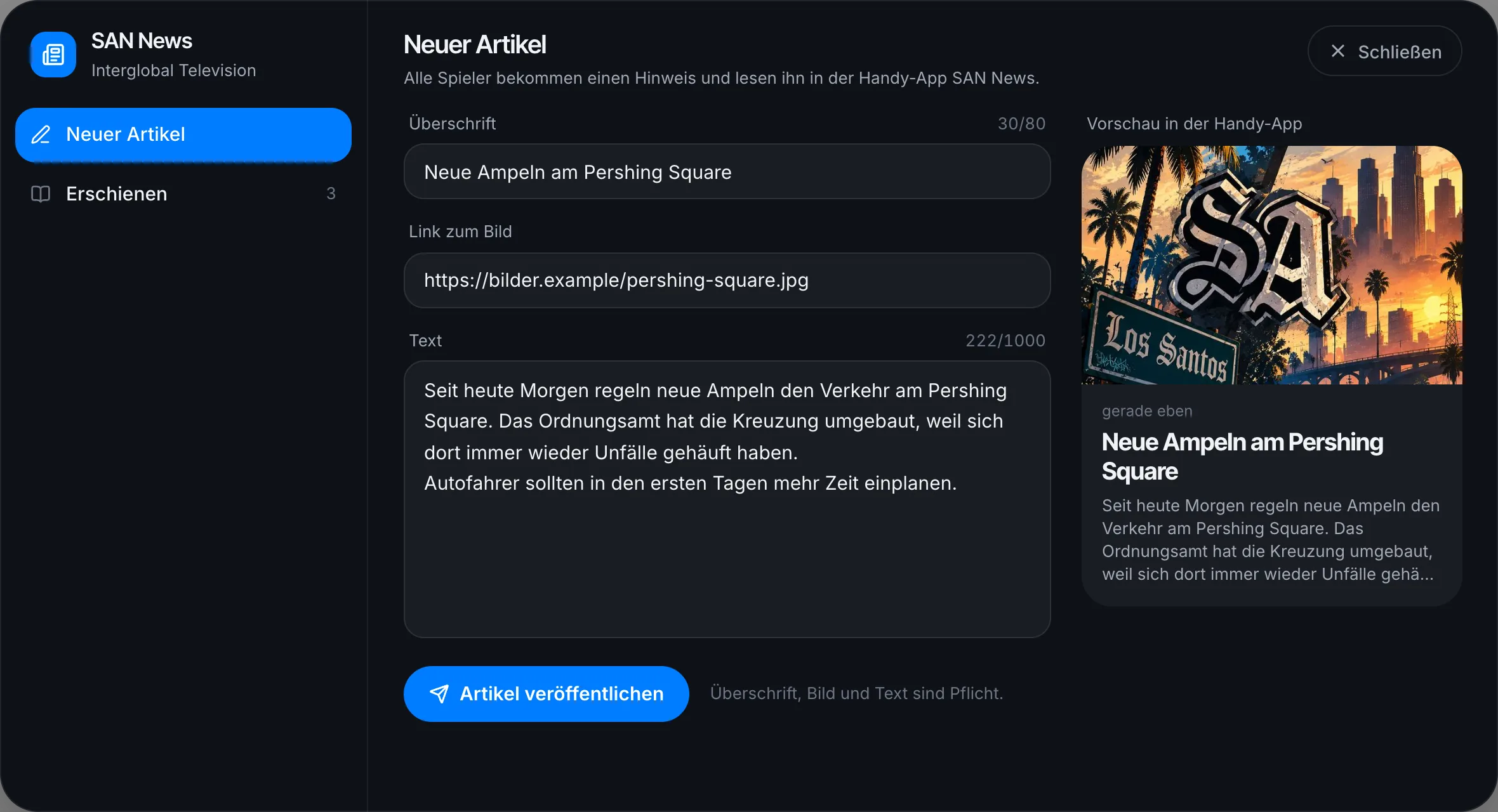 /news: neuer Artikel mit Überschrift, Bild-Link, Text und Vorschau in der Handy-App
