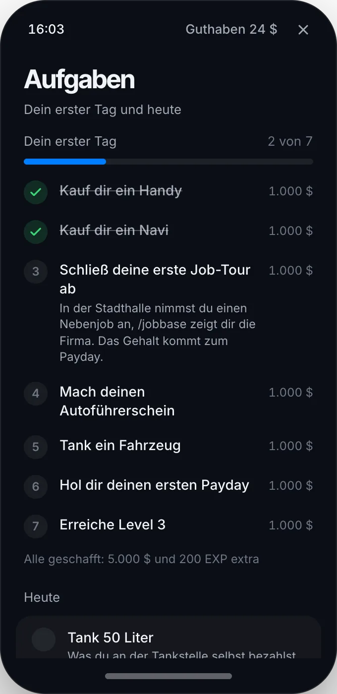 Die Startaufgaben nach dem Tutorial