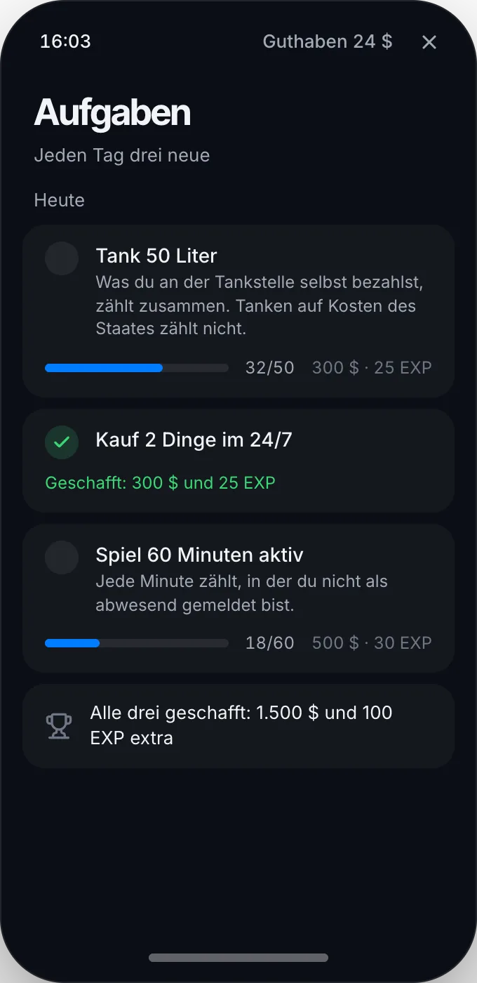 Drei Tagesaufgaben mit Fortschritt