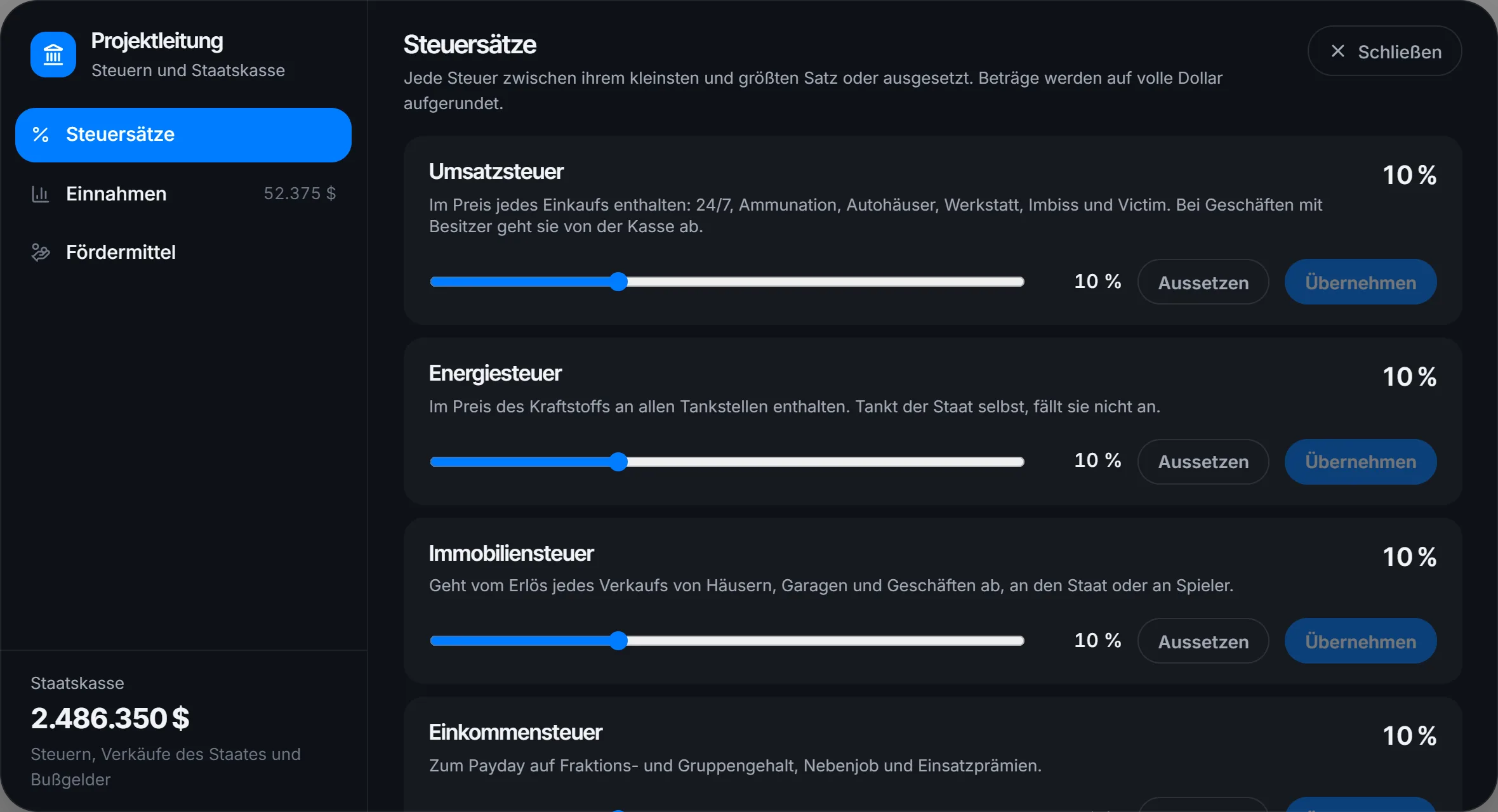 Die Projektleitung verwaltet die Steuern mit /asteuern