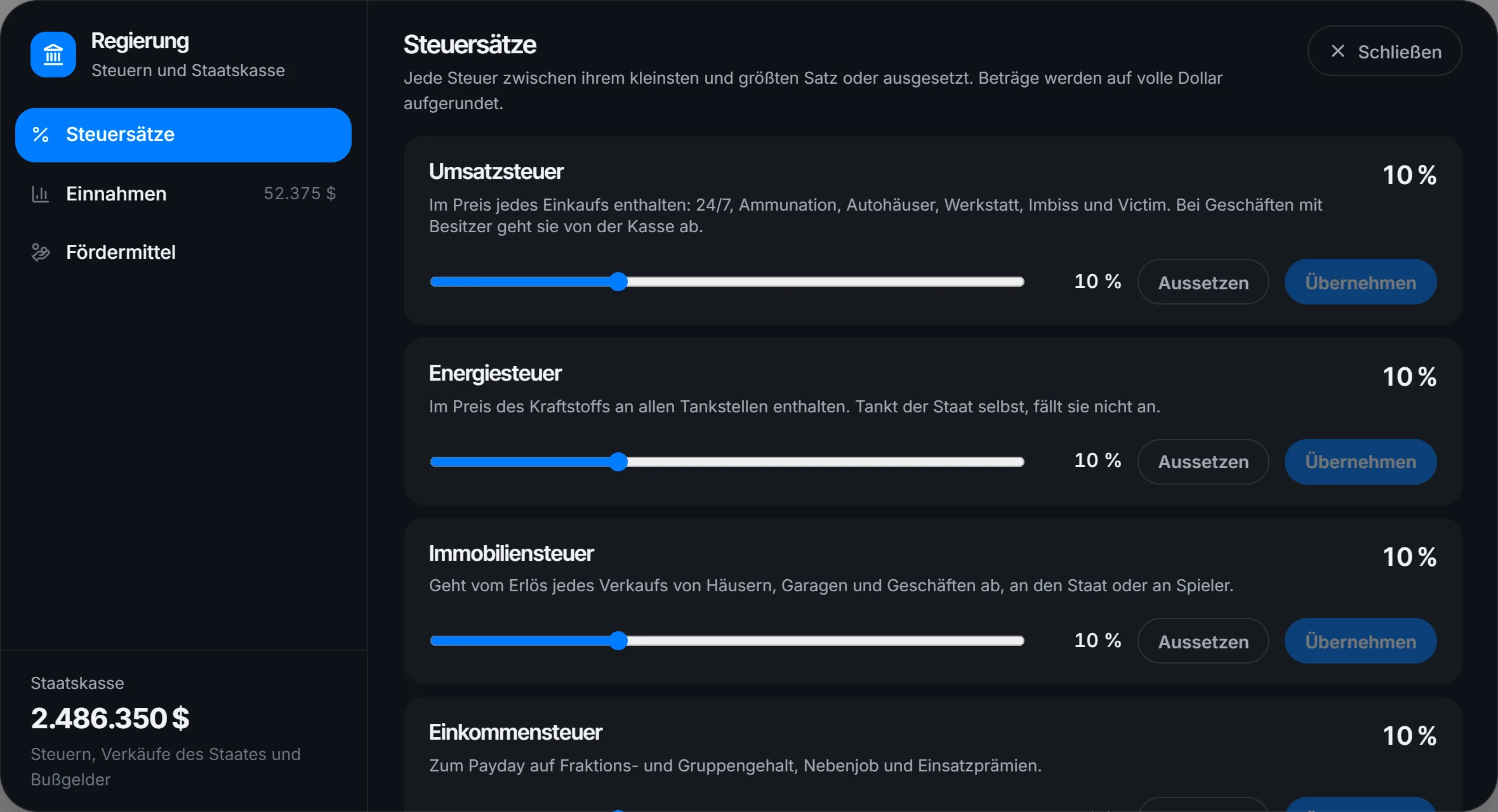 Der Präsident stellt die Steuersätze ein