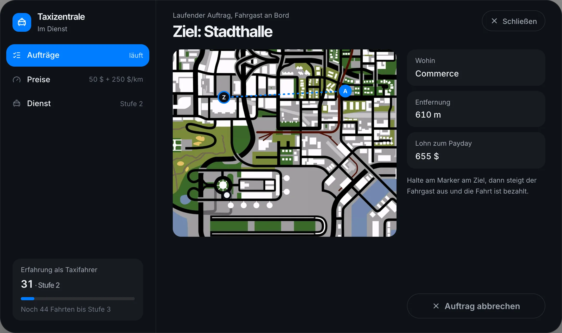 Ein laufender Auftrag mit Abholung und Ziel