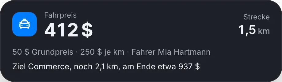 Das Taxameter des Fahrgasts mit Ziel und ungefährem Endpreis