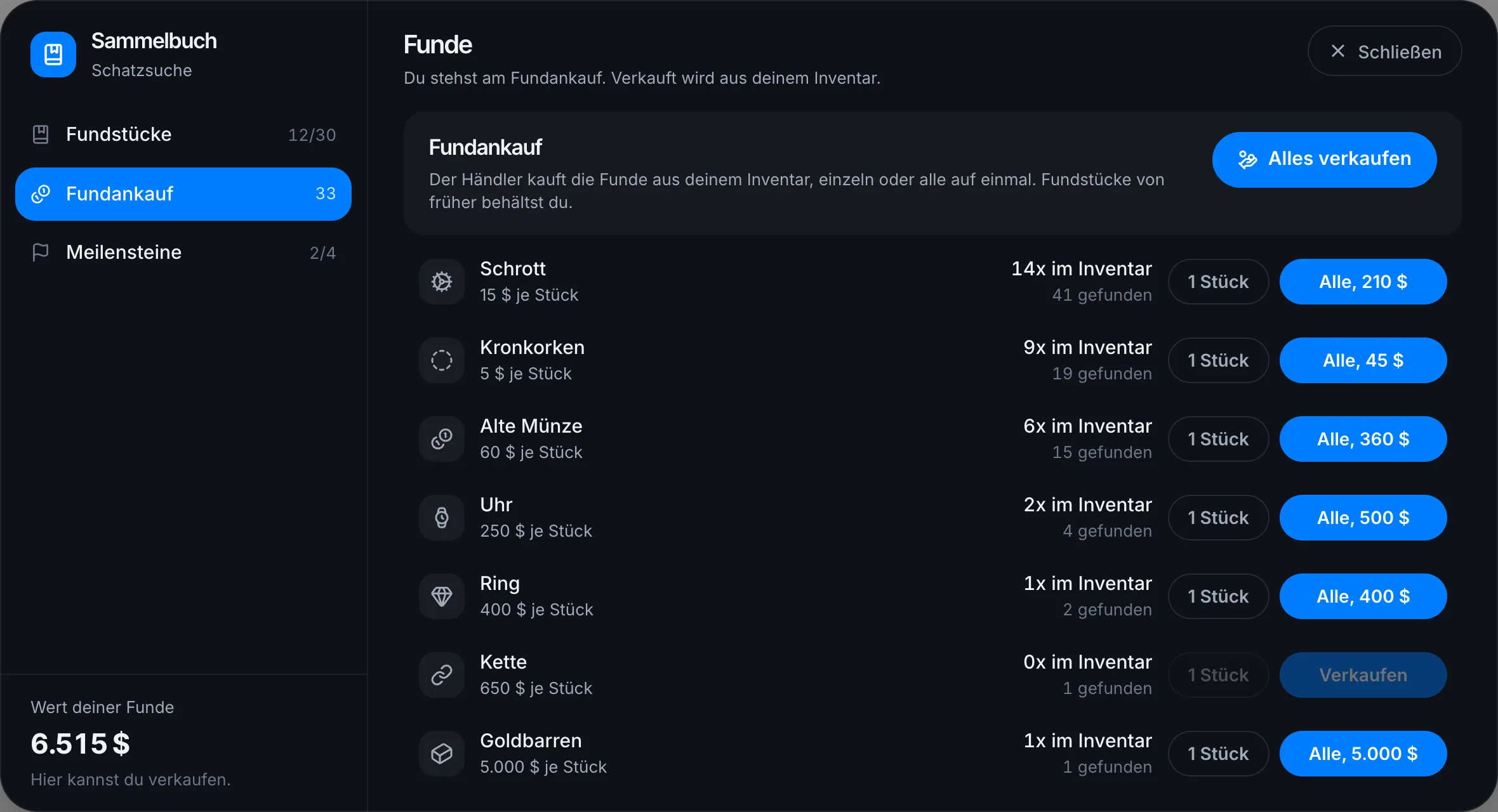 Verkaufen am Fundankauf, einzeln oder alle