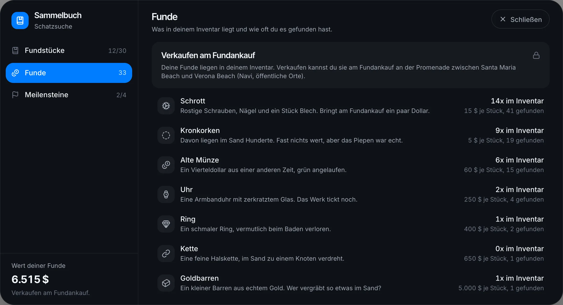Deine Funde im Inventar mit ihrem Wert