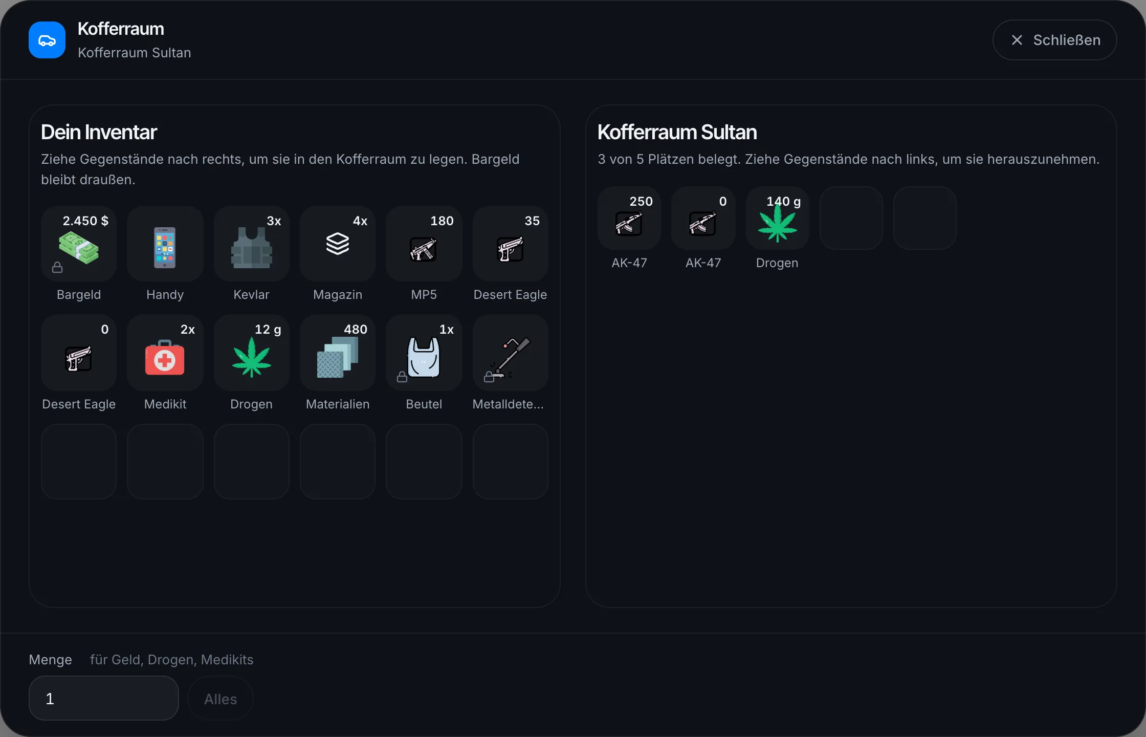 Kofferraum mit 5 Plätzen neben dem eigenen Inventar