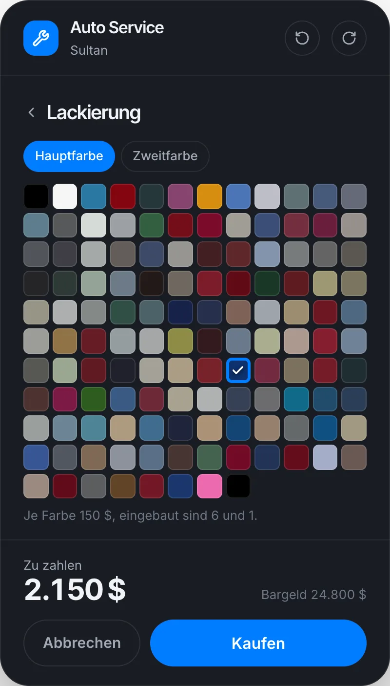 Lackierung mit Farbpalette und Paintjobs