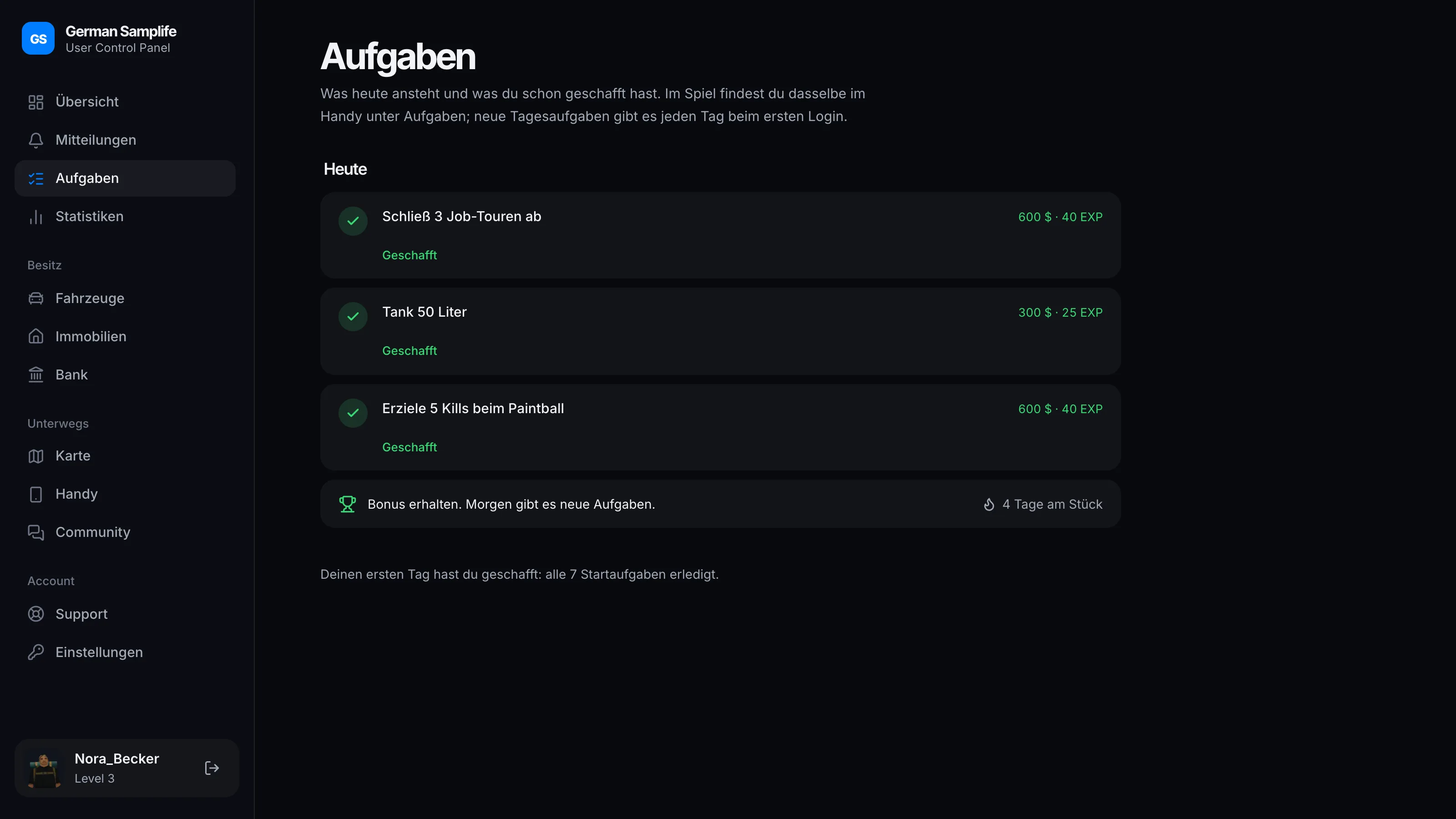 Alle drei Tagesaufgaben geschafft, mit Bonus und Serie