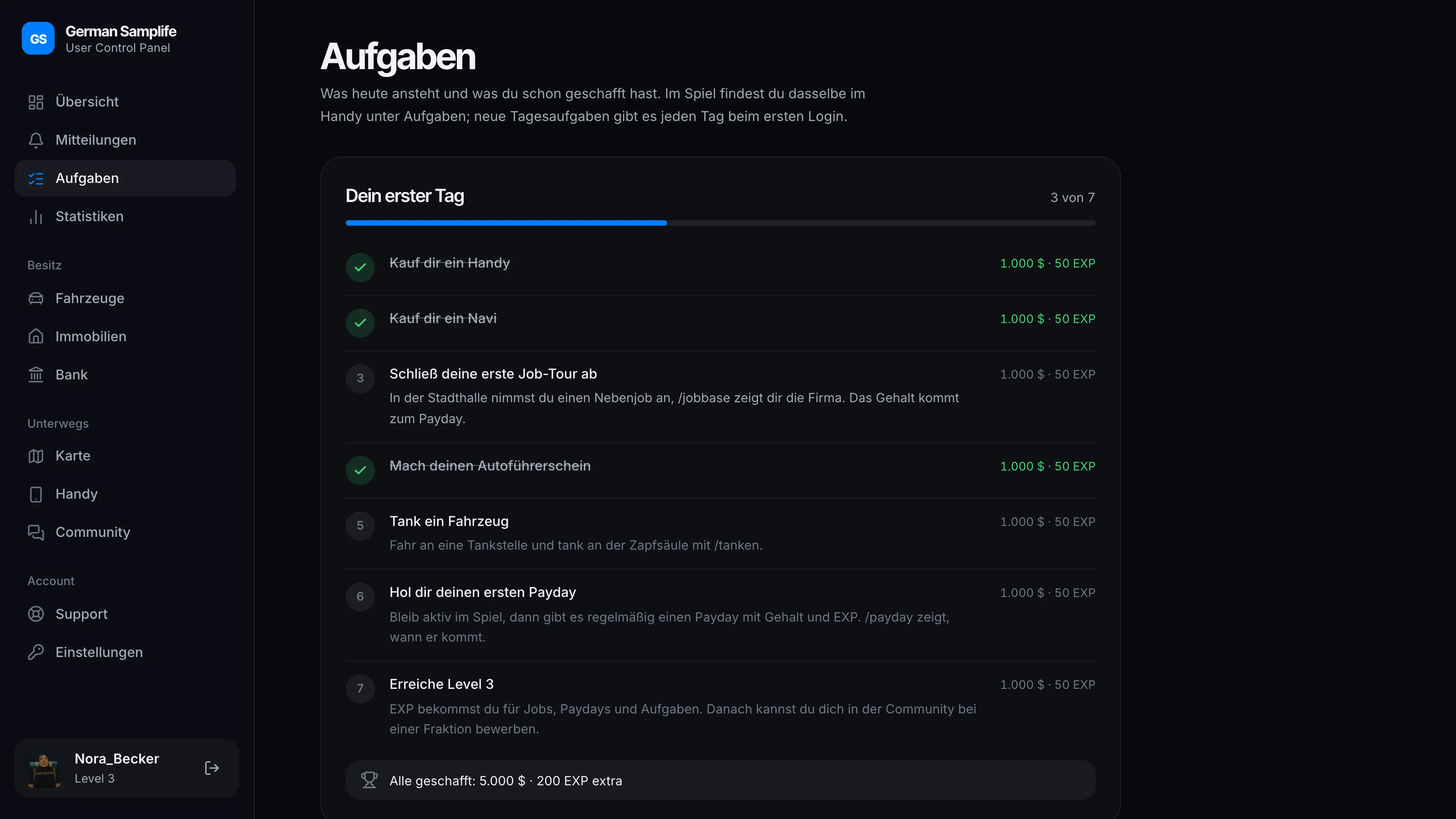 Dein erster Tag mit allen Startaufgaben, darunter die Tagesaufgaben