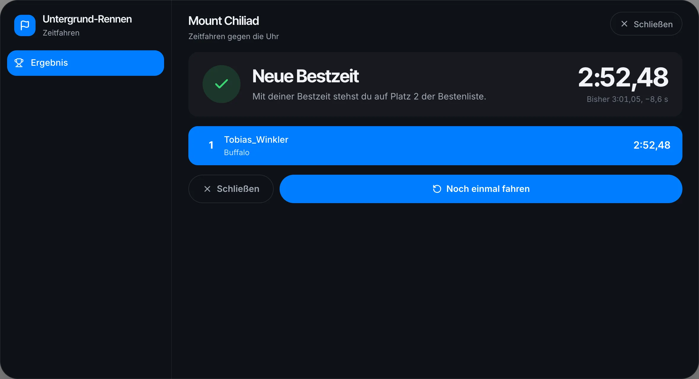 Ergebnis eines Zeitfahrens mit neuer Bestzeit