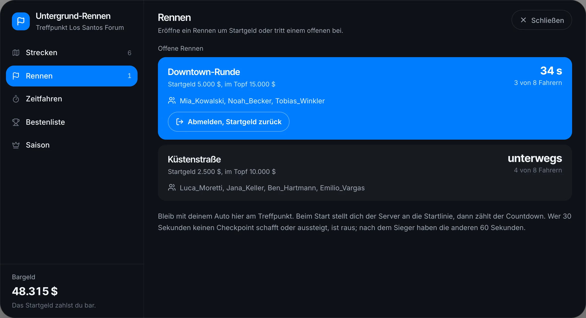 Offene Rennen am Treffpunkt: beitreten oder selbst eröffnen