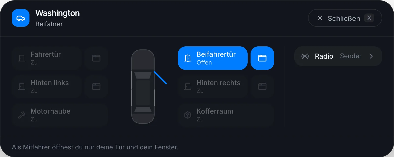 Als Beifahrer nur die eigene Tür, das eigene Fenster und das Radio