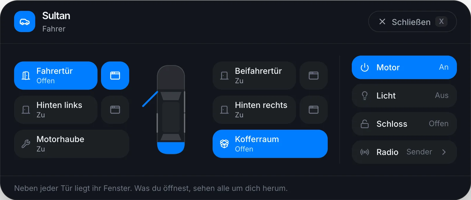 Als Fahrer: Fahrertür und ihr Fenster offen, Kofferraum offen, rechts Motor, Licht, Schloss und Radio