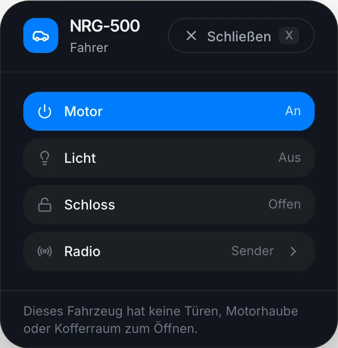 Motorrad: nichts zum Öffnen, nur Motor, Licht, Schloss und Radio