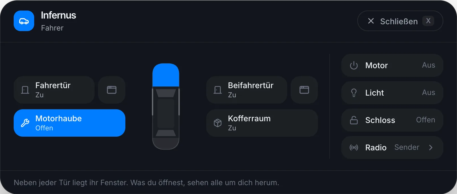 Zwei Türen, Motorhaube offen