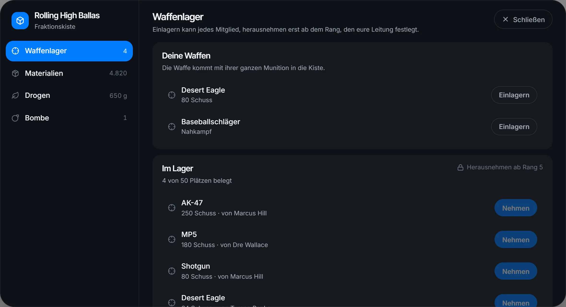 Unter dem festgelegten Rang kannst du nur einlagern