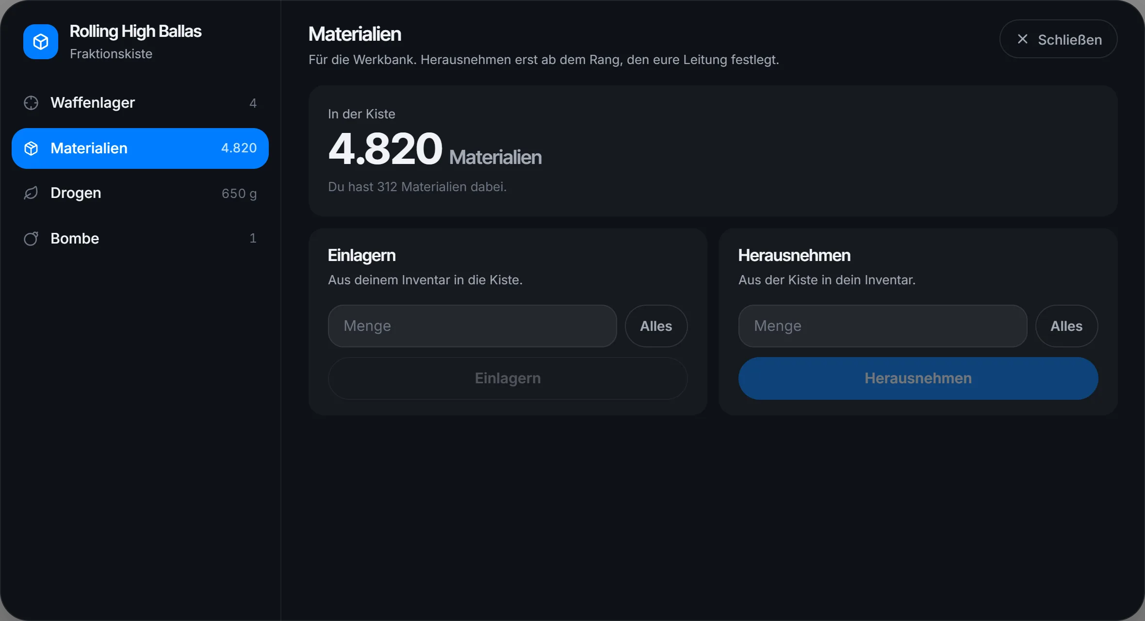 Materialien einlagern und herausnehmen