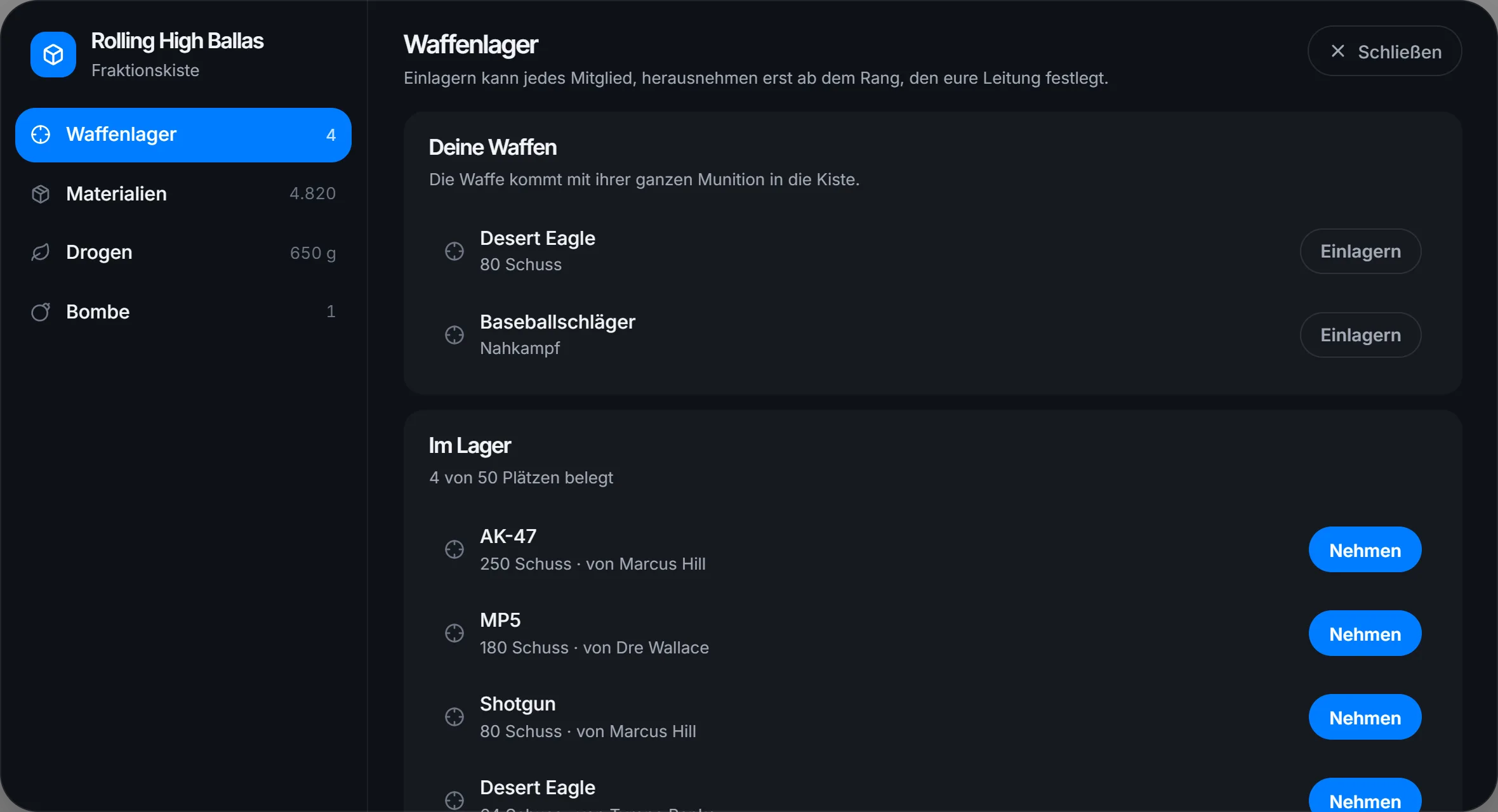 Das Waffenlager in der Fraktionskiste