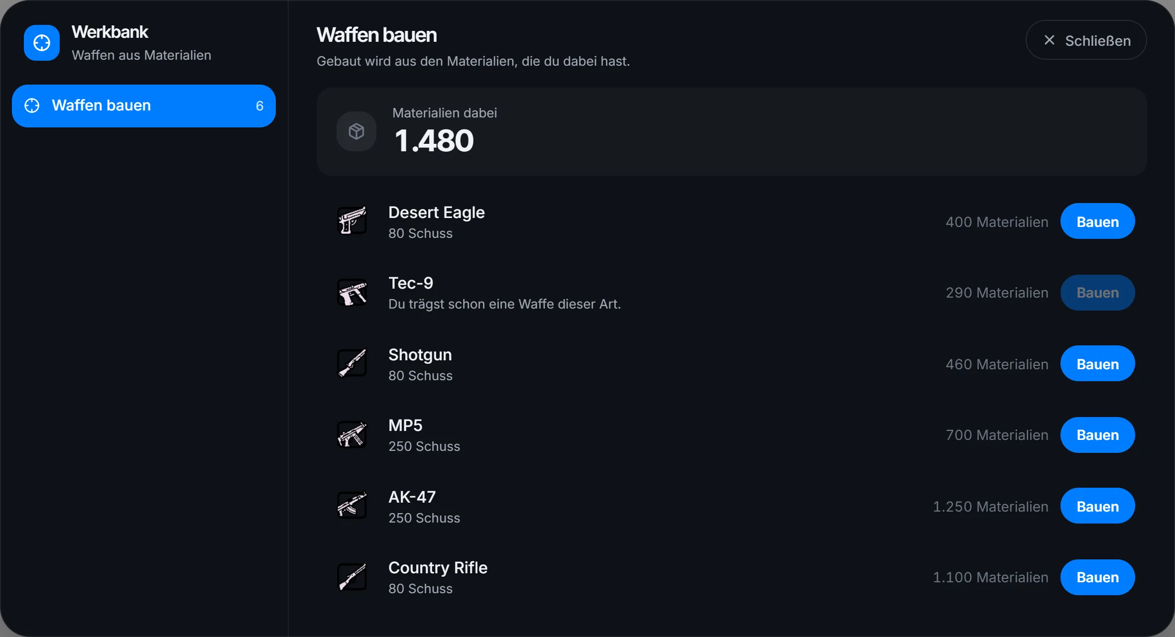 Die Werkbank mit allen Waffen, Preisen und Munition