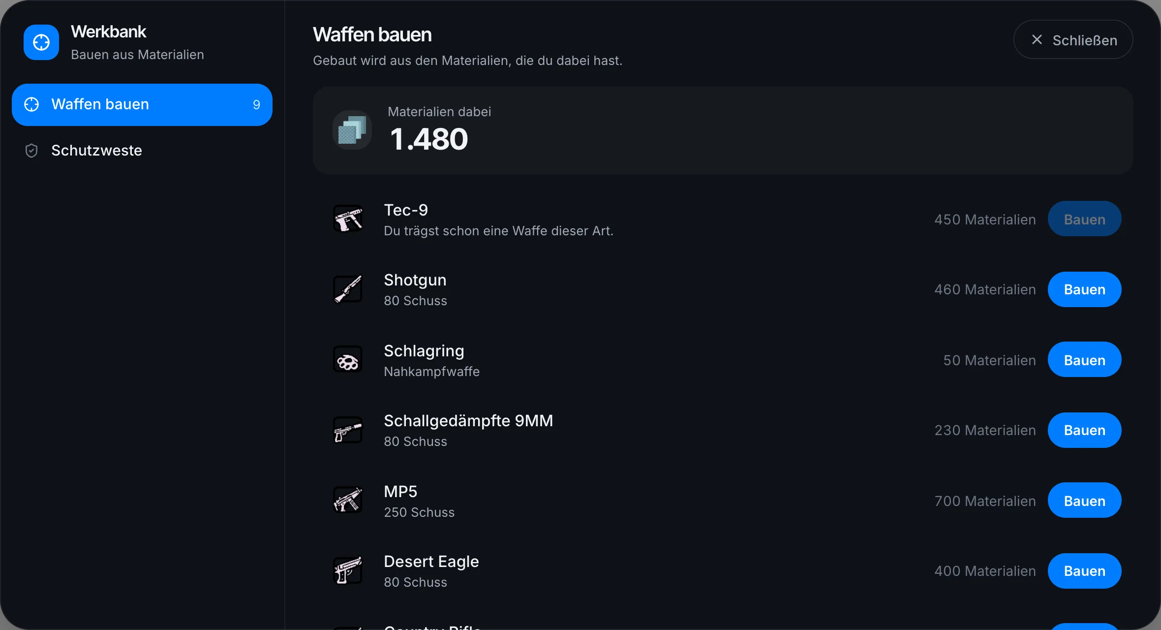 Alle Waffen, von Z bis A geordnet